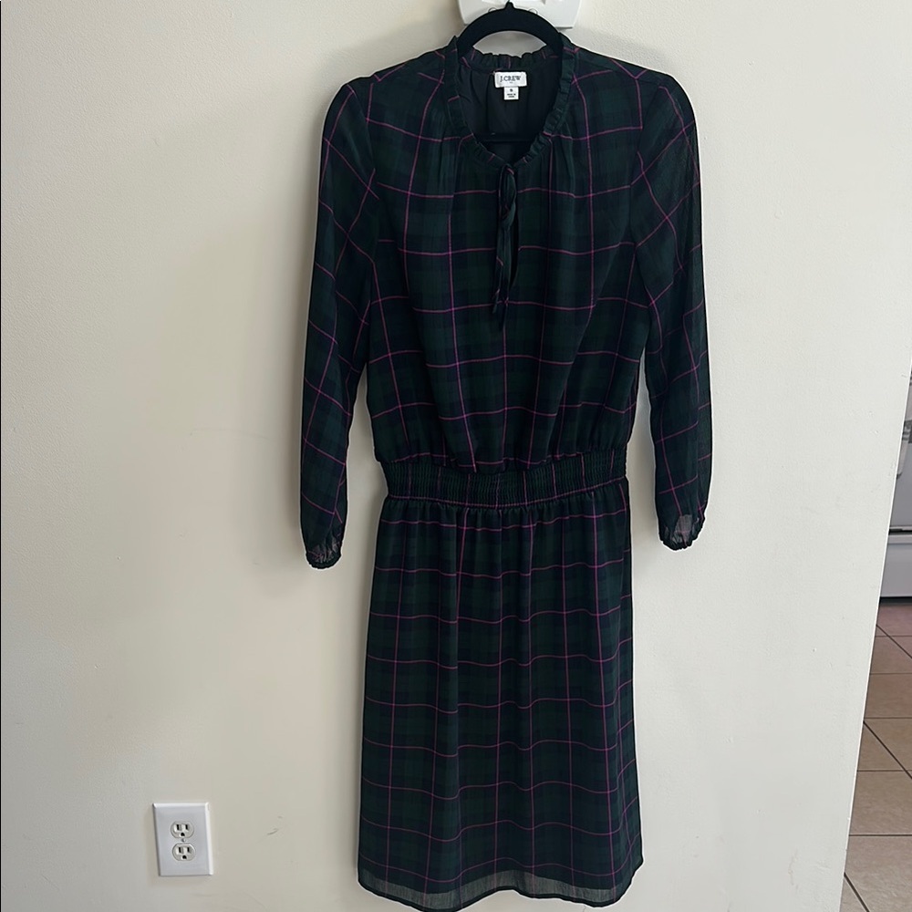 J. Crew long- sleeve printed tie-neck dress in Green Pink Plaid S